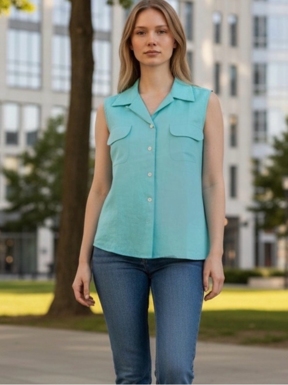 NWOT 100% Irish Linen Sleeveless Button-Front wCollar & Pockets Mint Green Shirt